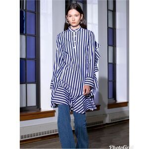 ADEAM Blue and White Striped RUFFLE SHIRT DRESS Top Size M